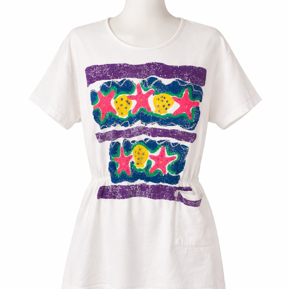 Vintage 90s Beach Starfish T Shirt Dress Cinch Waist White USA-OS